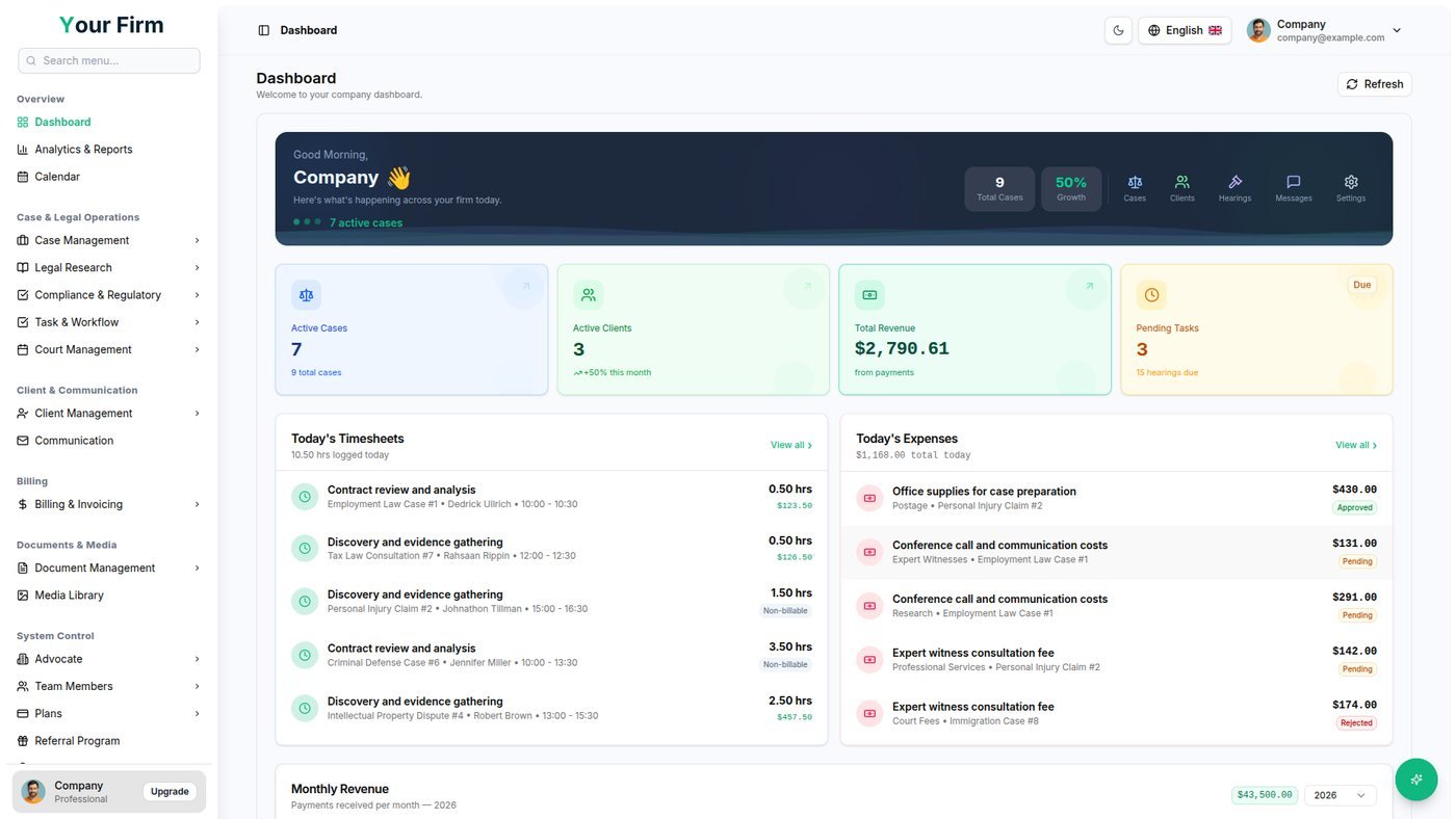 Law firm website and case-management dashboard